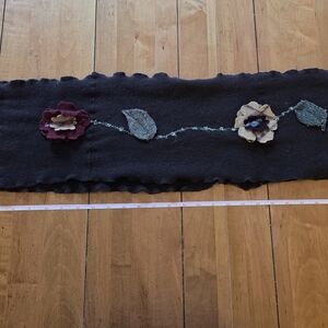 Black Floral Applique Scarf with Leaf Detail